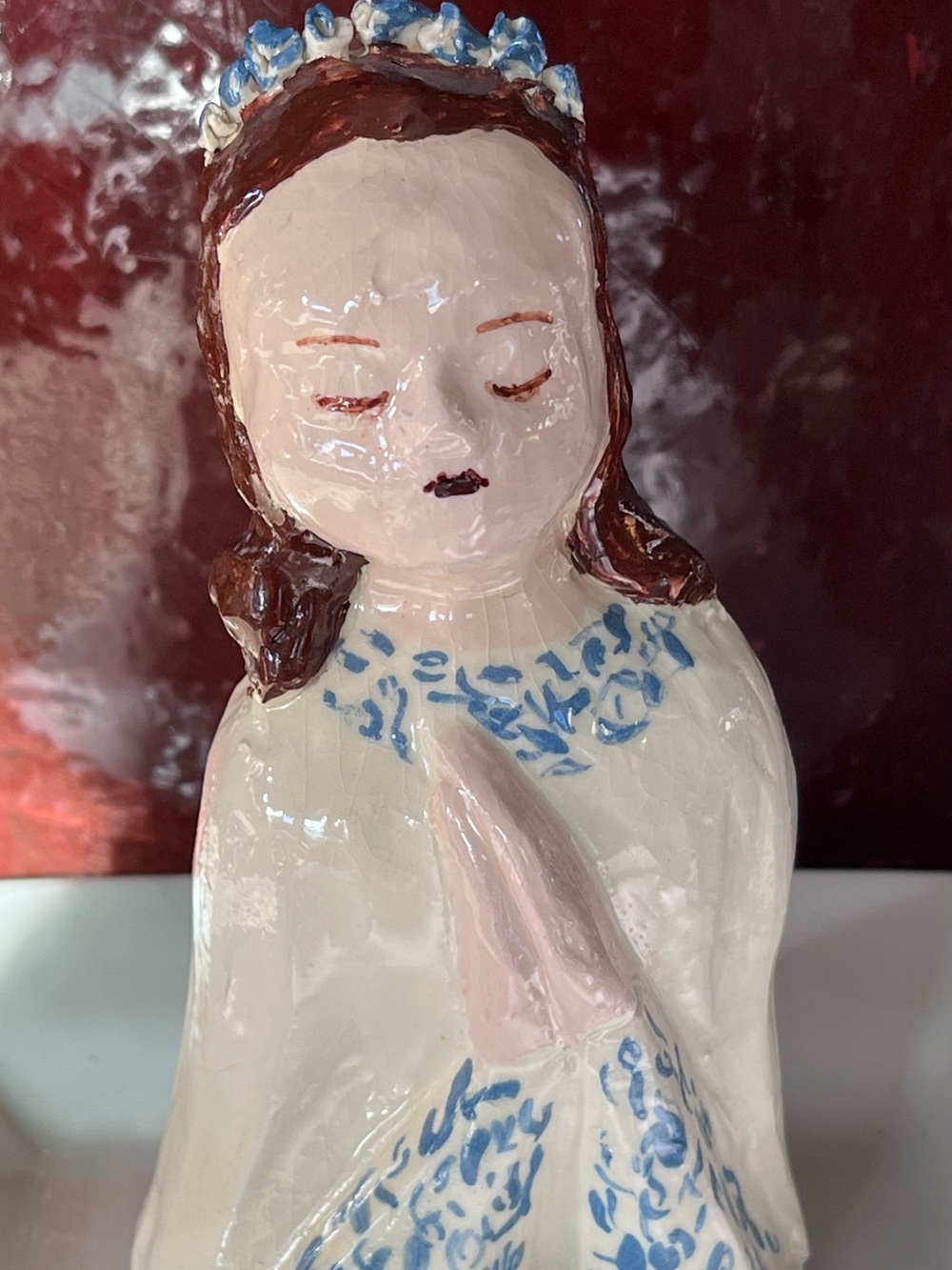Vintage Handmade Ceramic Praying Figurine with Blue Floral Details